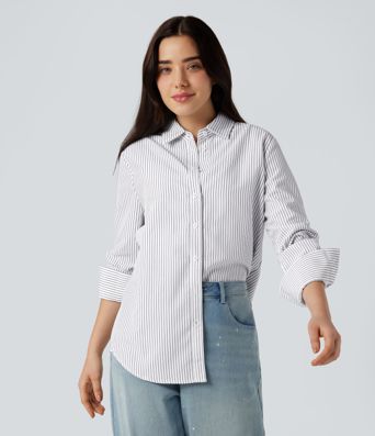 Collar Long Sleeve Curved Hem Stripes Relaxed Casual Shirt