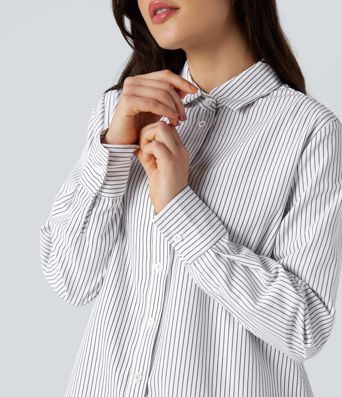 Collar Long Sleeve Curved Hem Stripes Relaxed Casual Shirt