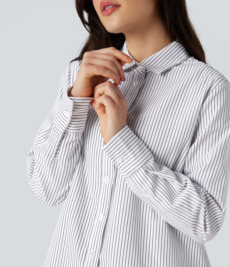 Collar Long Sleeve Curved Hem Stripes Relaxed Casual Shirt