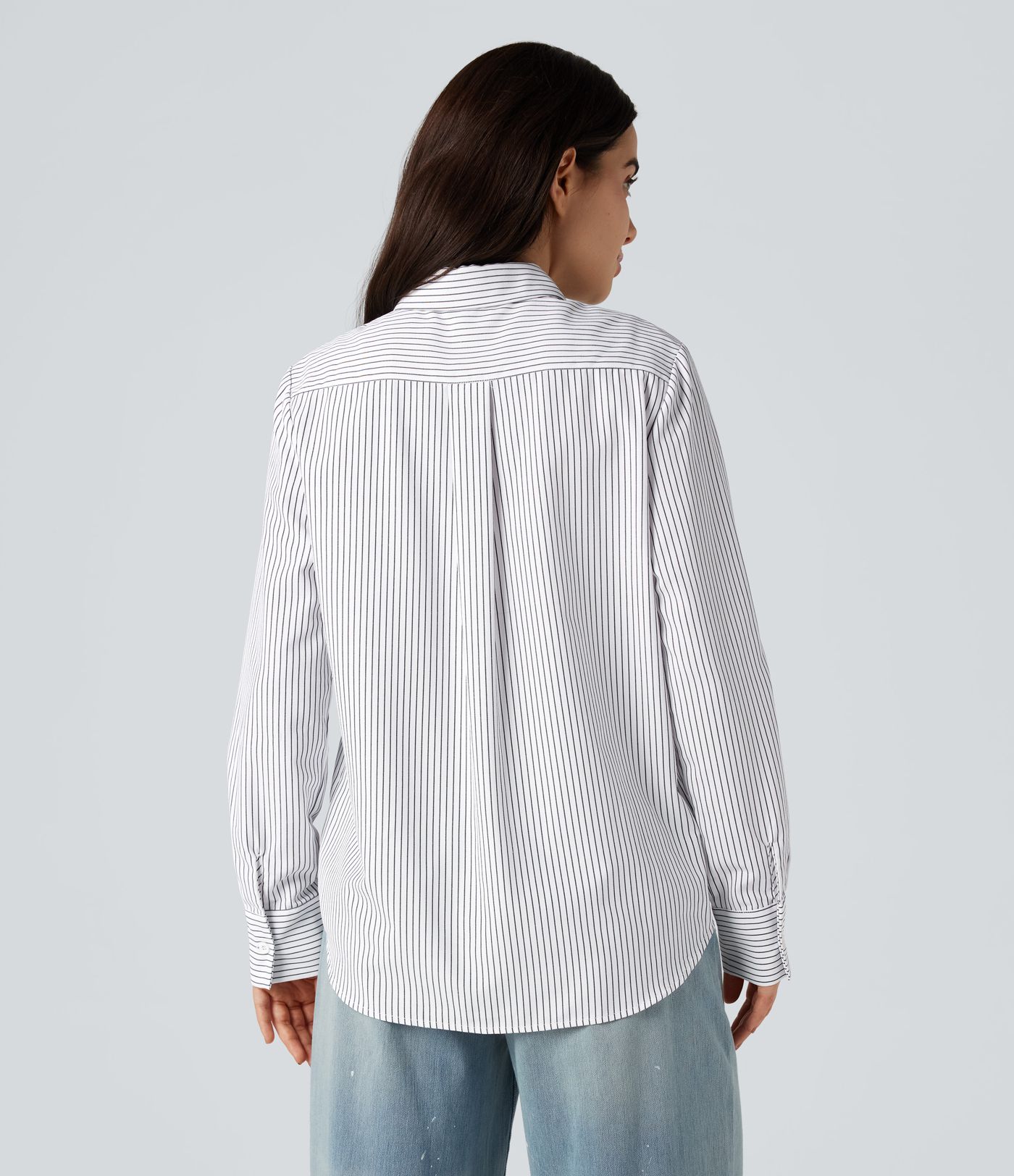 Collar Long Sleeve Curved Hem Stripes Relaxed Casual Shirt