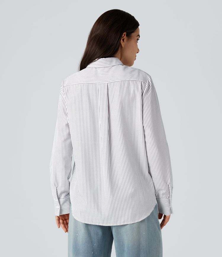 Collar Long Sleeve Curved Hem Stripes Relaxed Casual Shirt