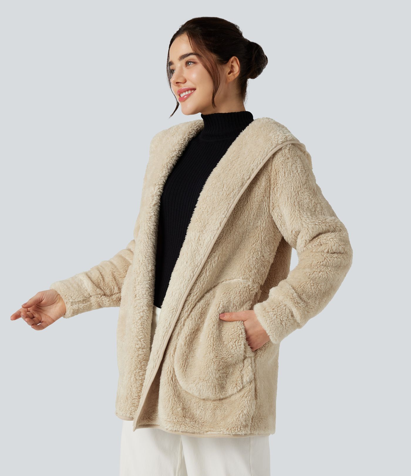 Hooded Long Sleeve Casual Teddy Coat with Pockets