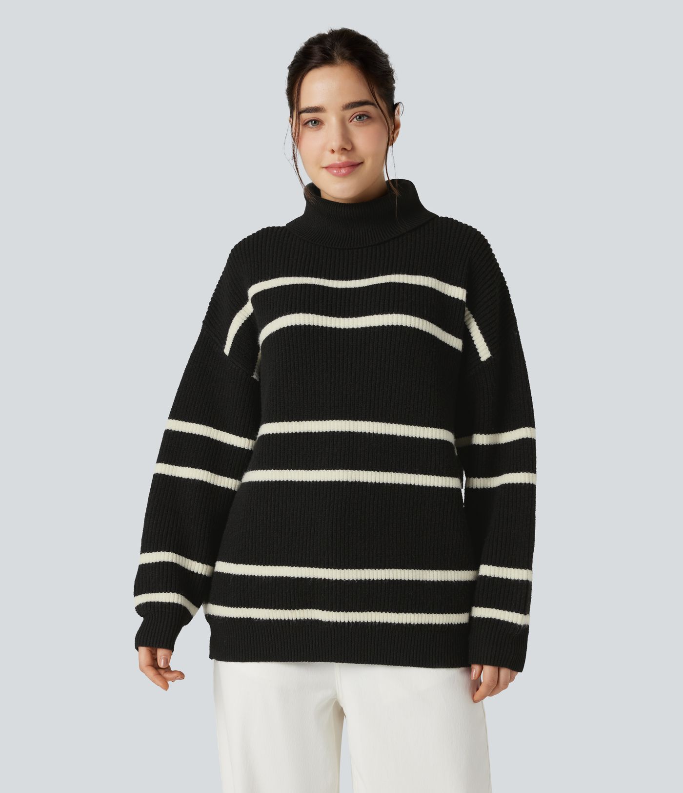 High Neck Long Sleeve Color Block Casual Sweater