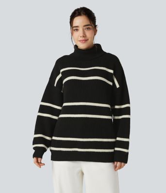 High Neck Long Sleeve Color Block Casual Sweater
