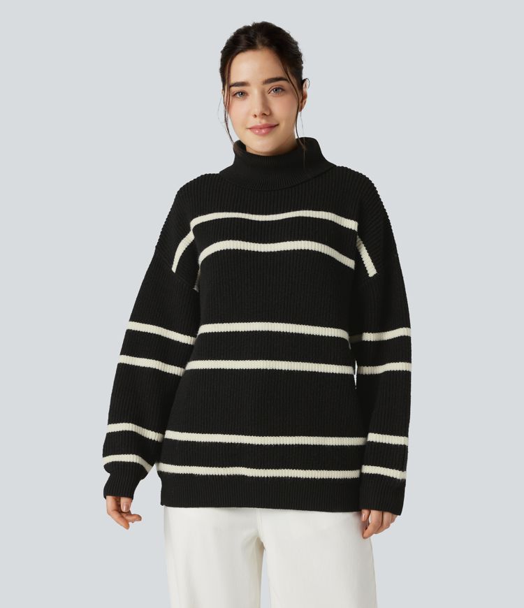 High Neck Long Sleeve Color Block Casual Sweater
