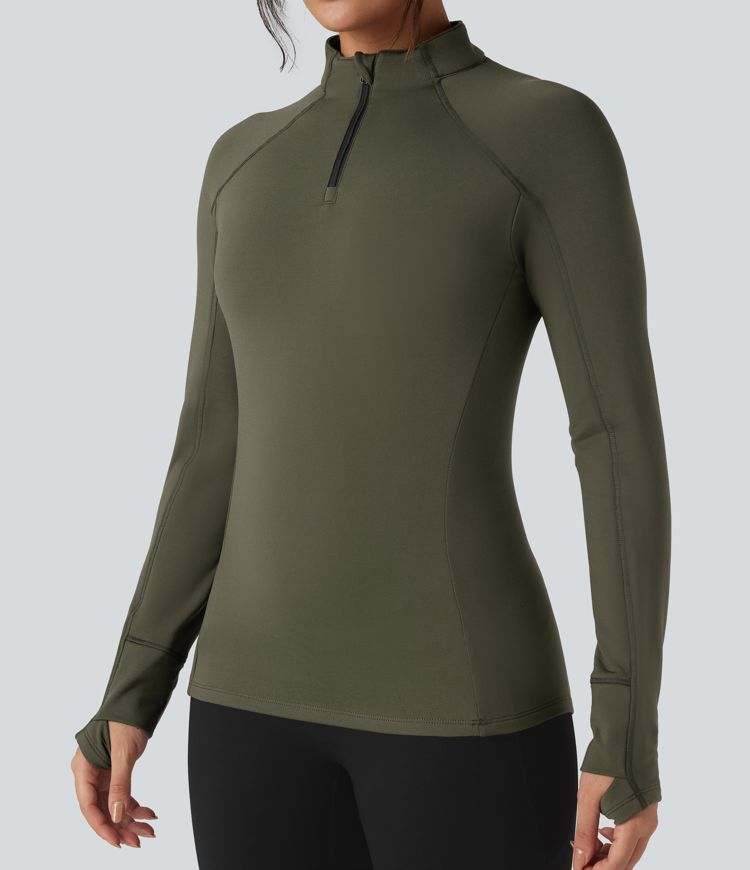 Stand Collar Half Zip Long Sleeve Thumb Hole Fleece Hiking Sports Top