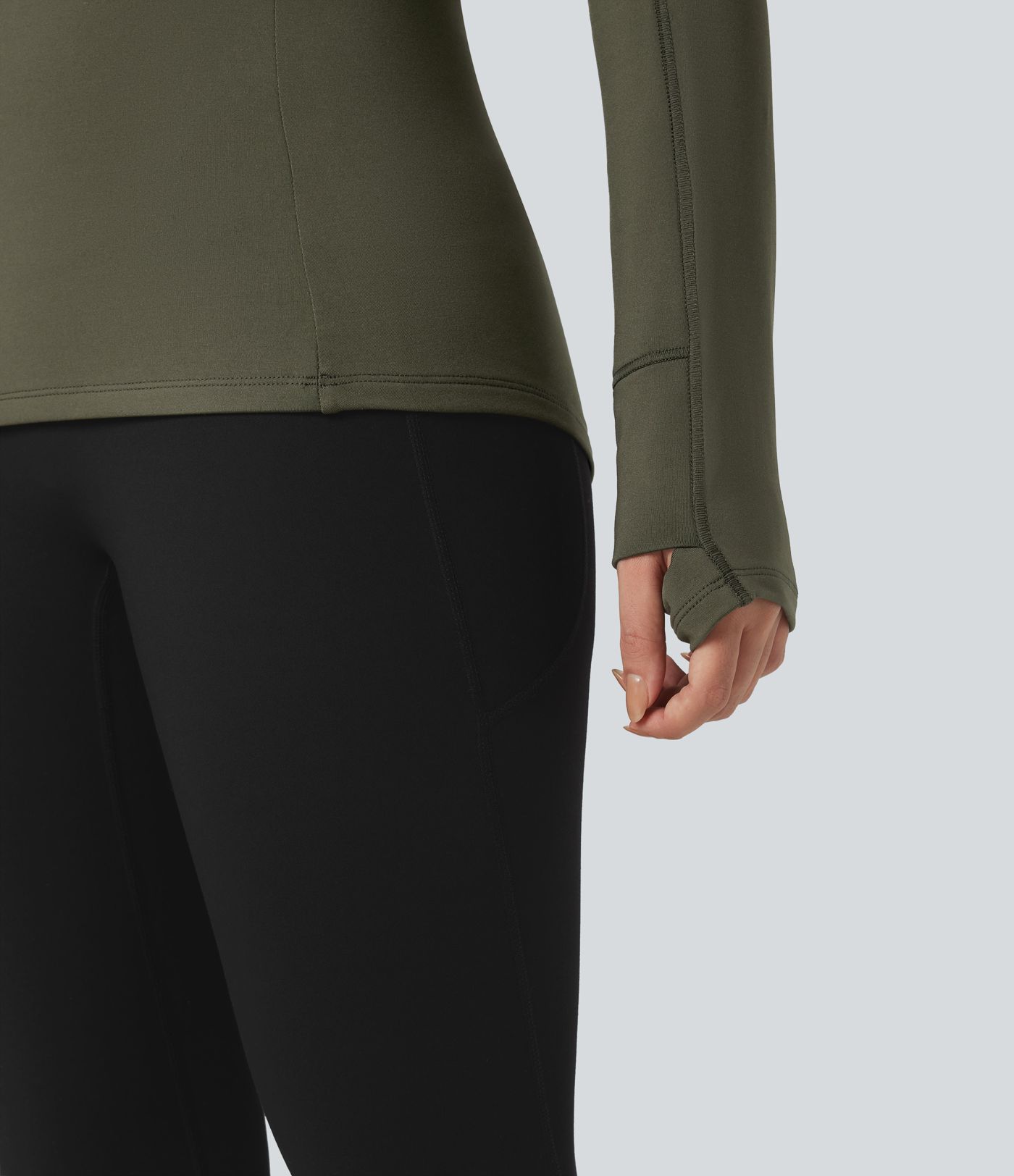 Stand Collar Half Zip Long Sleeve Thumb Hole Fleece Hiking Sports Top