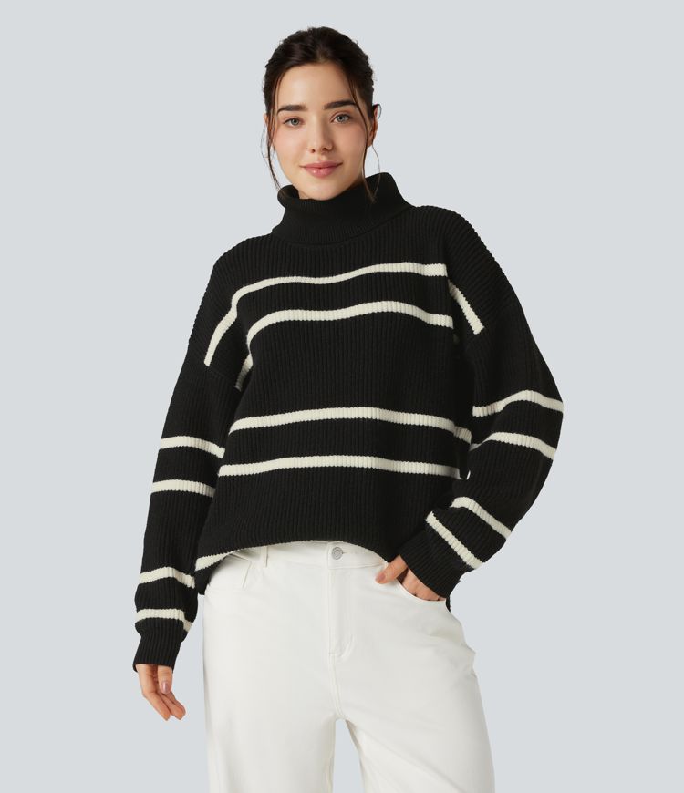 High Neck Long Sleeve Color Block Casual Sweater