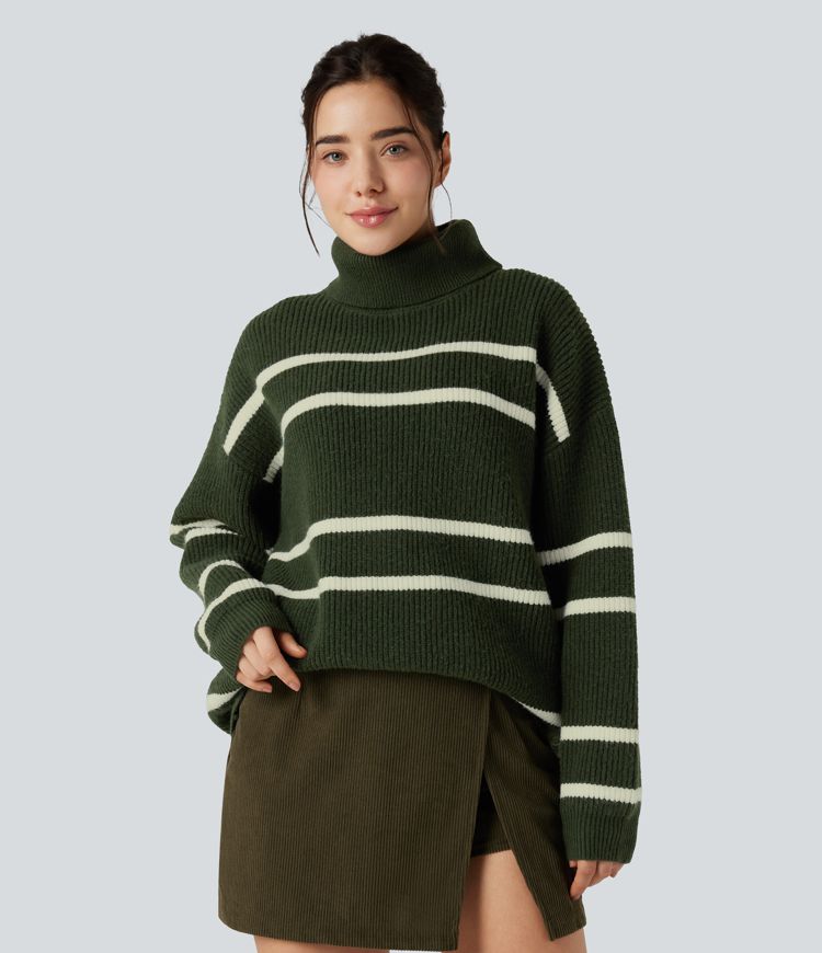 High Neck Long Sleeve Color Block Casual Sweater