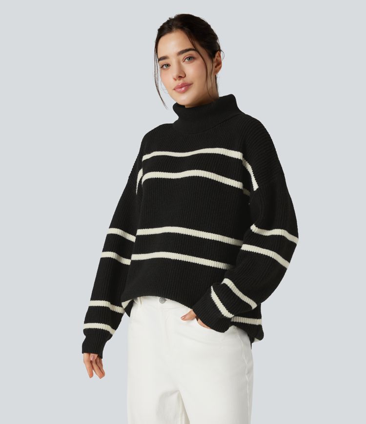 High Neck Long Sleeve Color Block Casual Sweater
