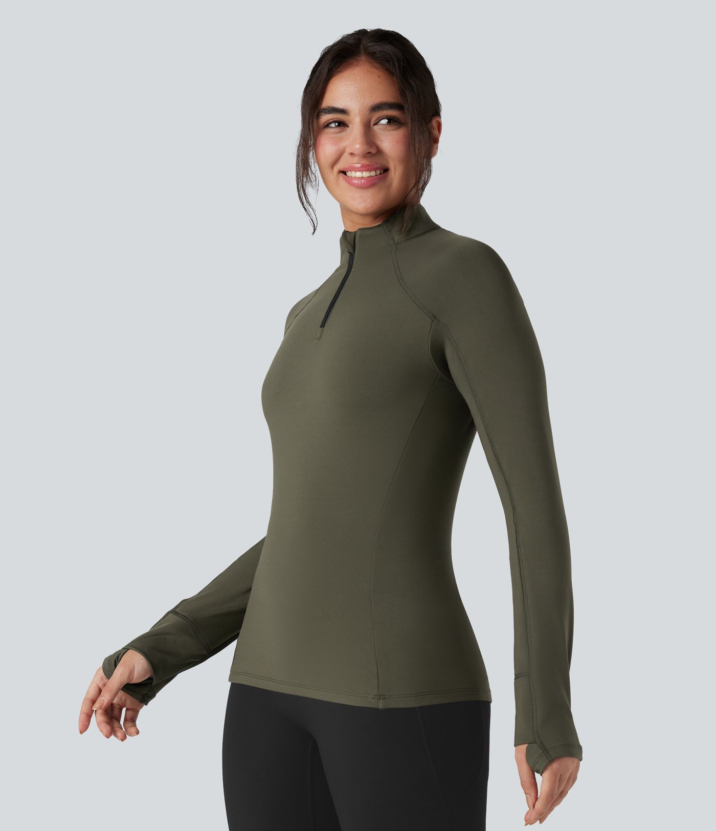 Stand Collar Half Zip Long Sleeve Thumb Hole Fleece Hiking Sports Top