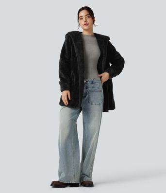 Hooded Long Sleeve Casual Teddy Coat with Pockets