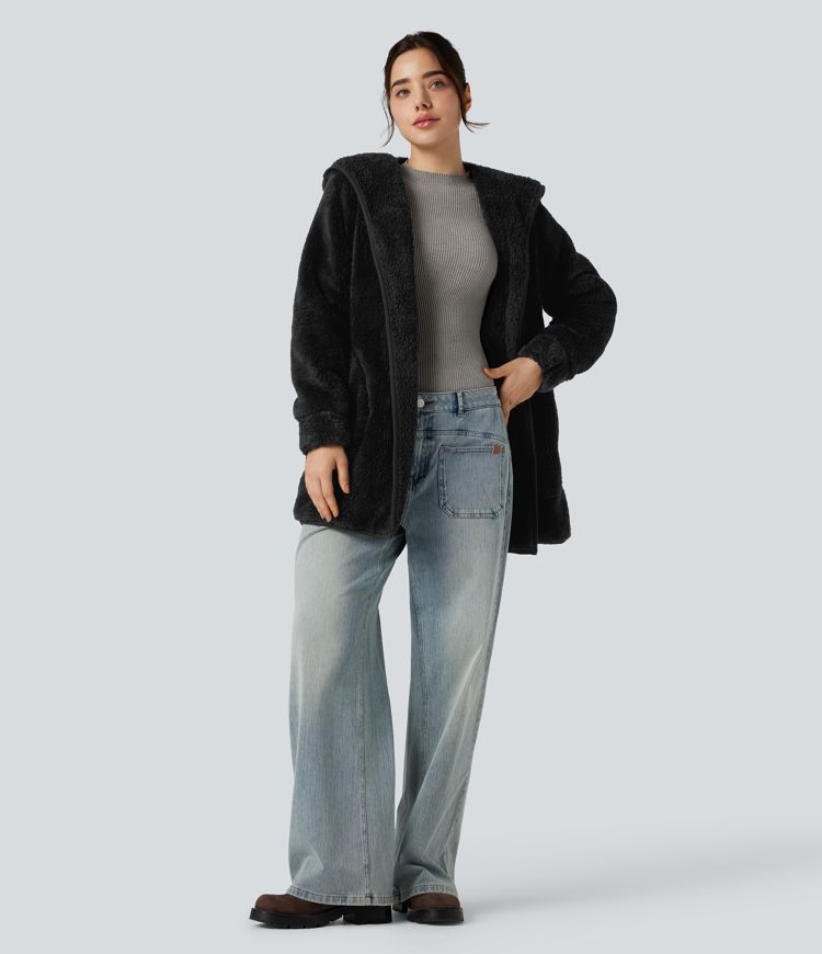 Hooded Long Sleeve Casual Teddy Coat with Pockets