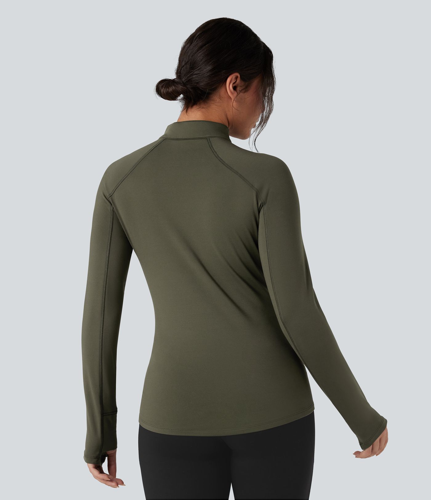 Stand Collar Half Zip Long Sleeve Thumb Hole Fleece Hiking Sports Top