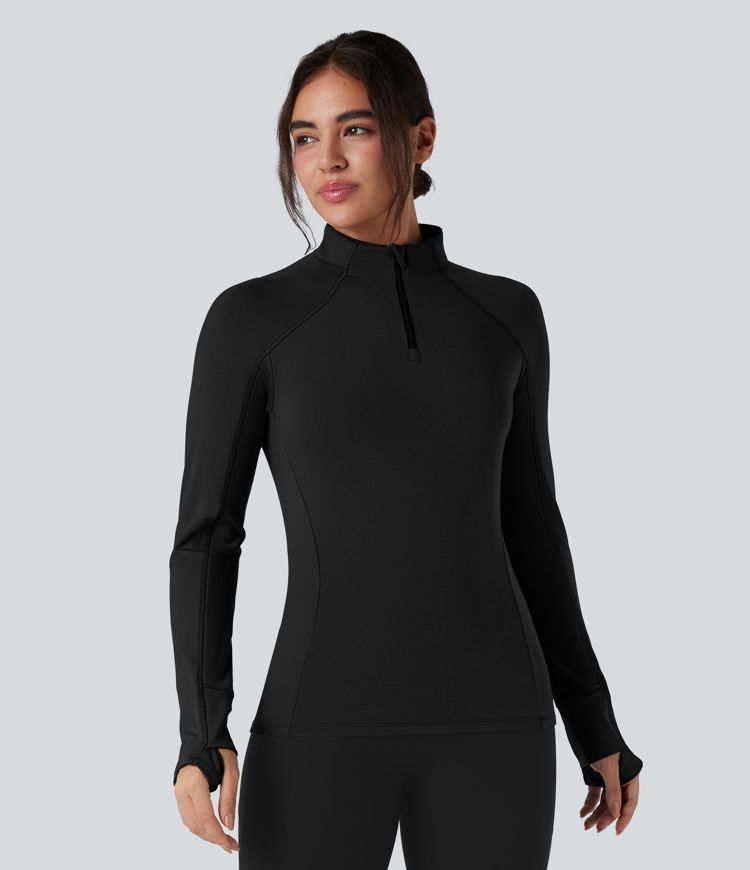 Stand Collar Half Zip Long Sleeve Thumb Hole Fleece Hiking Sports Top