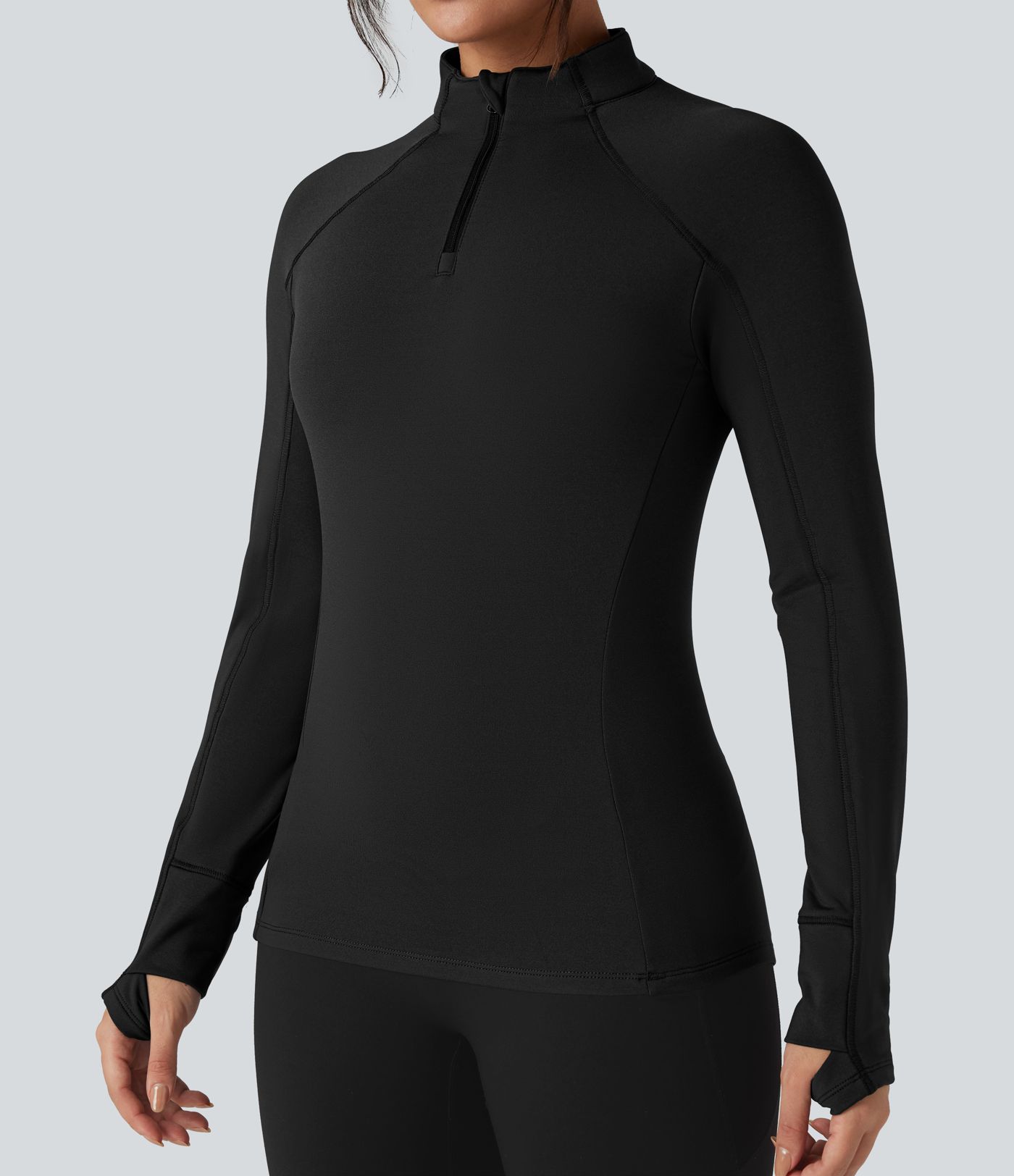 Stand Collar Half Zip Long Sleeve Thumb Hole Fleece Hiking Sports Top