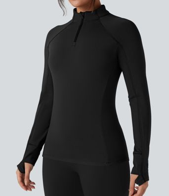 Stand Collar Half Zip Long Sleeve Thumb Hole Fleece Hiking Sports Top