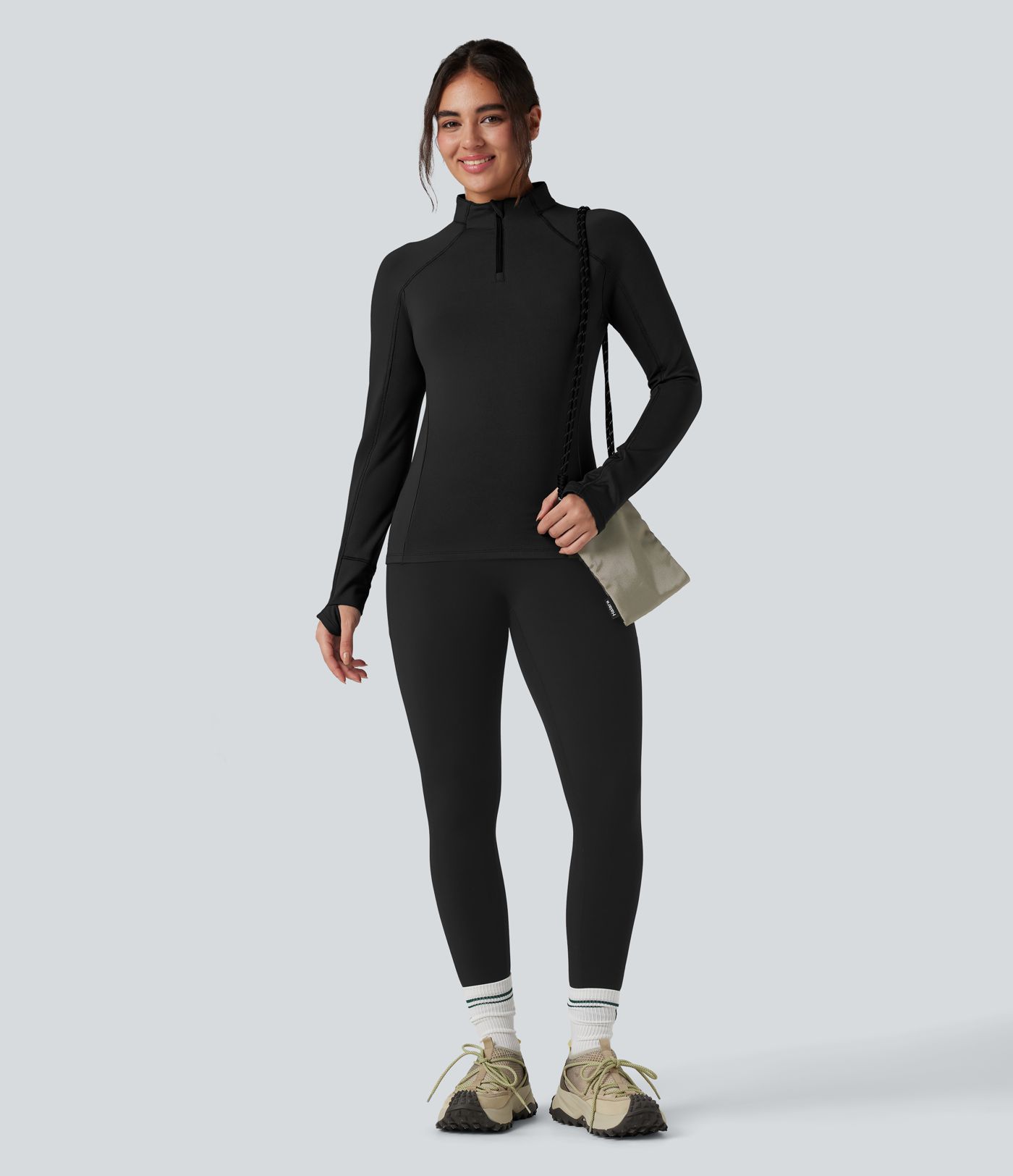 Stand Collar Half Zip Long Sleeve Thumb Hole Fleece Hiking Sports Top