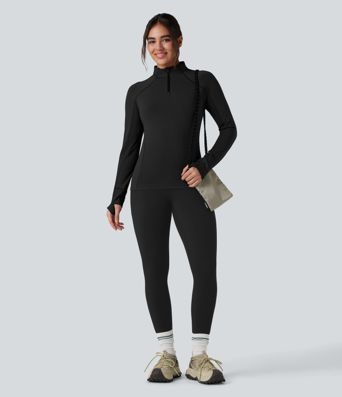 Stand Collar Half Zip Long Sleeve Thumb Hole Fleece Hiking Sports Top