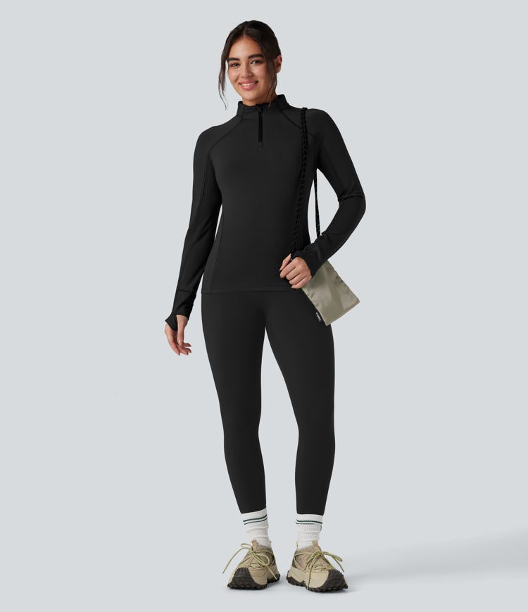 Stand Collar Half Zip Long Sleeve Thumb Hole Fleece Hiking Sports Top