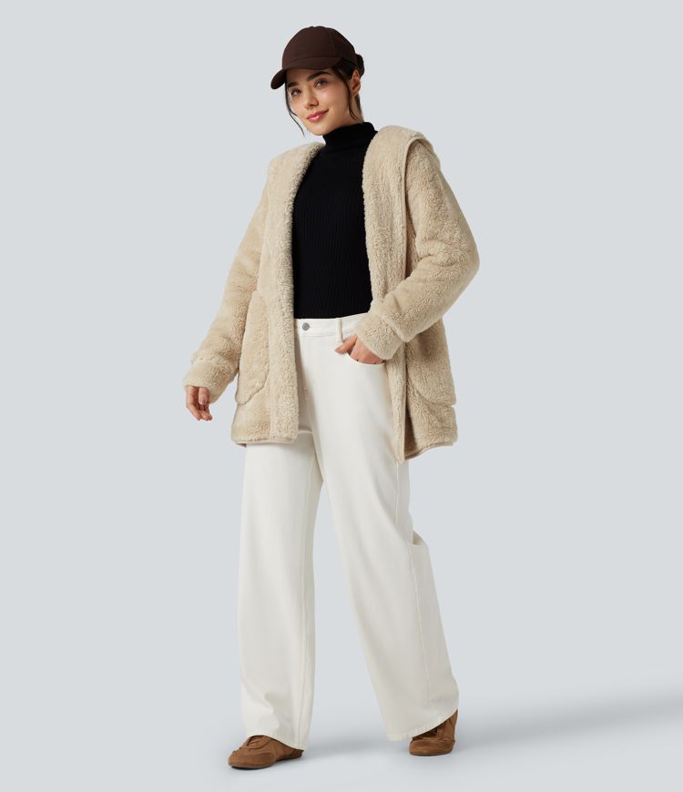 Hooded Long Sleeve Casual Teddy Coat with Pockets