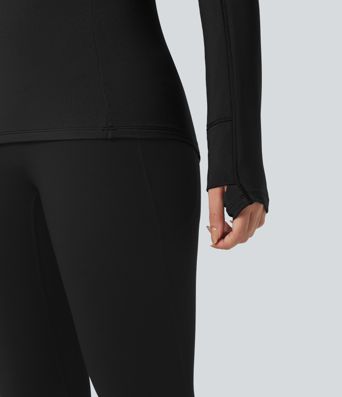 Stand Collar Half Zip Long Sleeve Thumb Hole Fleece Hiking Sports Top