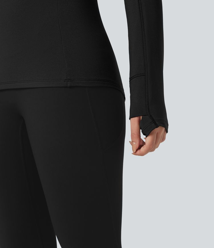 Stand Collar Half Zip Long Sleeve Thumb Hole Fleece Hiking Sports Top