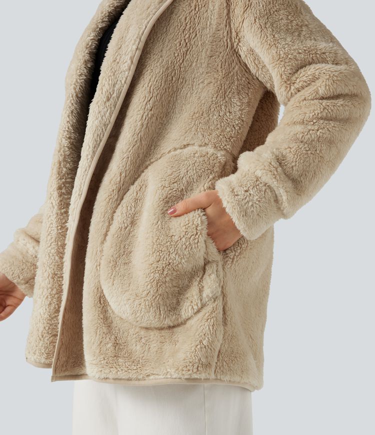 Hooded Long Sleeve Casual Teddy Coat with Pockets