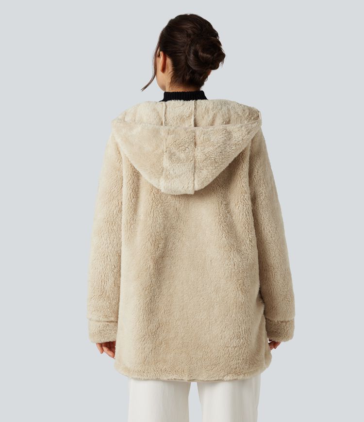 Hooded Long Sleeve Casual Teddy Coat with Pockets