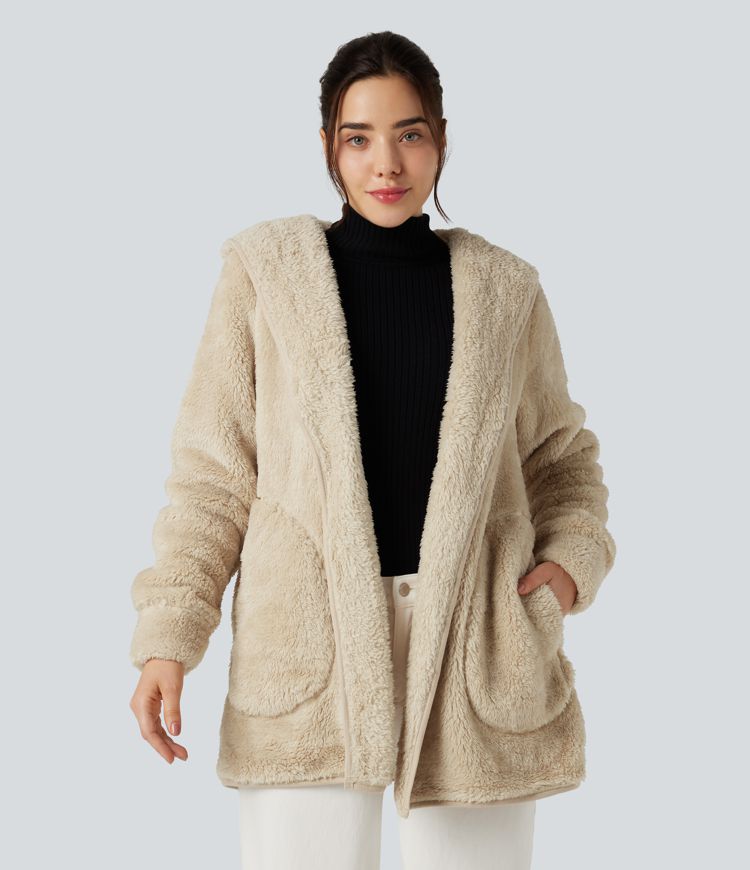 Hooded Long Sleeve Casual Teddy Coat with Pockets