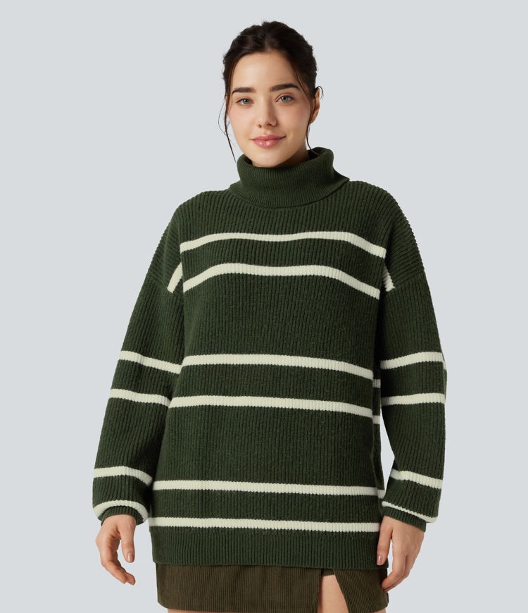 High Neck Long Sleeve Color Block Casual Sweater