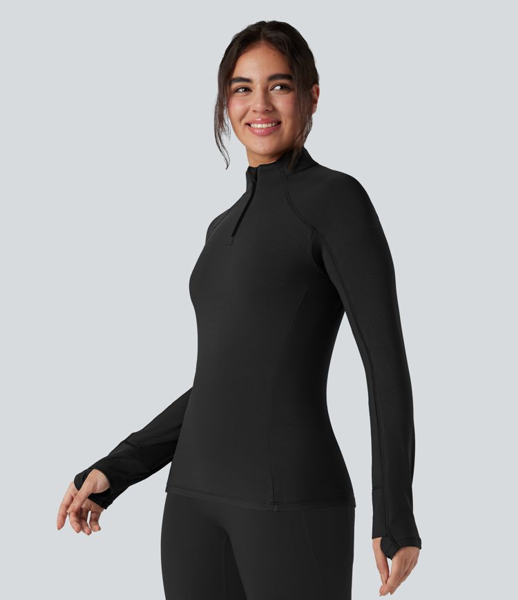 Stand Collar Half Zip Long Sleeve Thumb Hole Fleece Hiking Sports Top