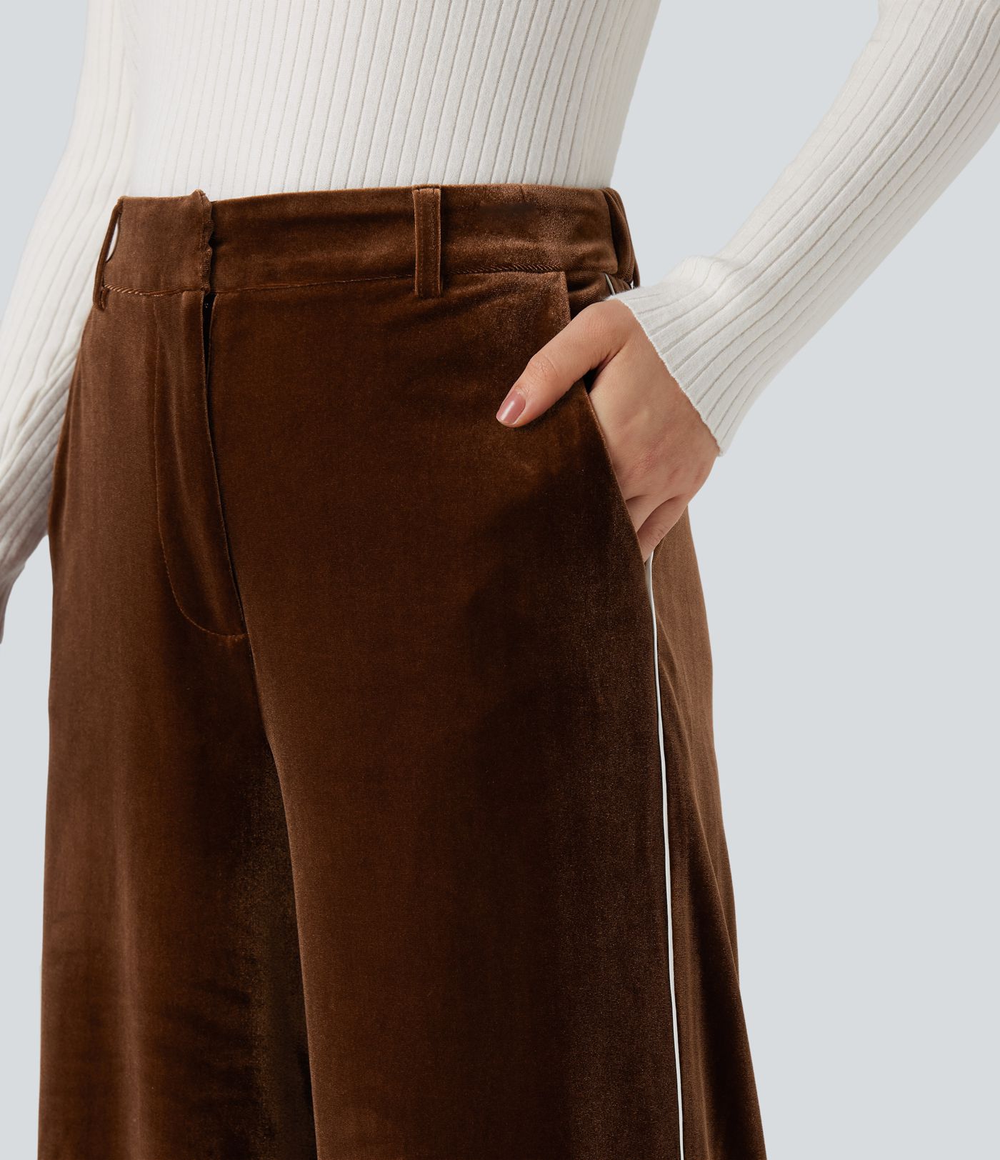 High Waisted Color Block Velvet Straight Leg Casual Trousers with Pockets