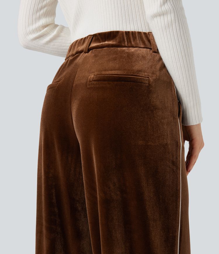 High Waisted Color Block Velvet Straight Leg Casual Pants with Pockets