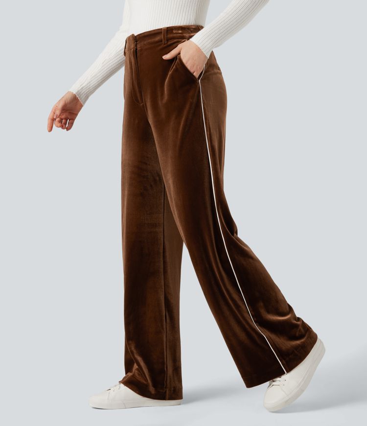 High Waisted Color Block Velvet Straight Leg Casual Pants with Pockets