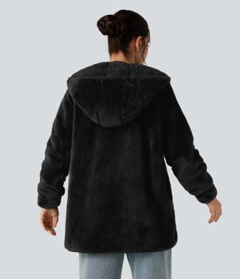 Hooded Long Sleeve Casual Teddy Coat with Pockets