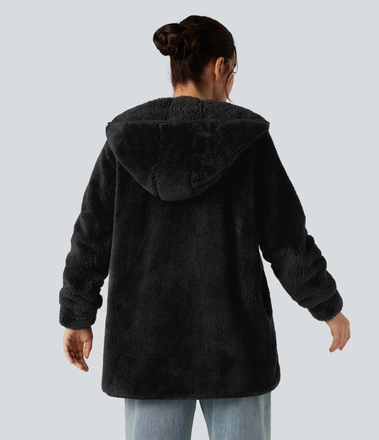 Hooded Long Sleeve Casual Teddy Coat with Pockets