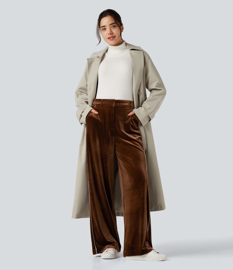 High Waisted Color Block Velvet Straight Leg Casual Pants with Pockets