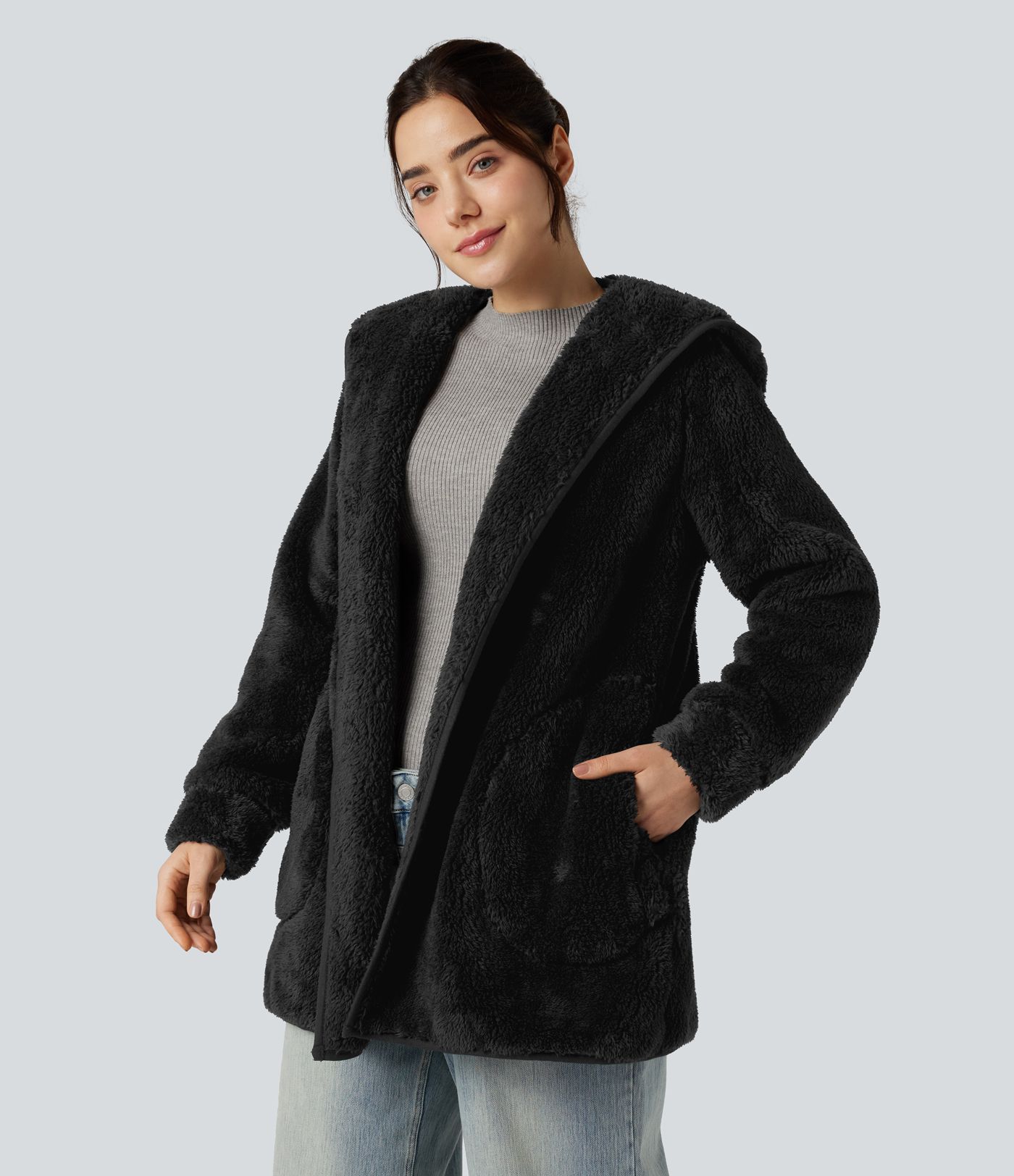 Hooded Long Sleeve Casual Teddy Coat with Pockets