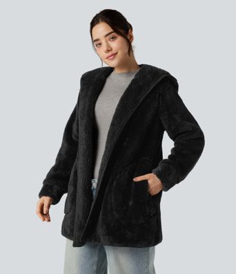 Hooded Long Sleeve Casual Teddy Coat with Pockets
