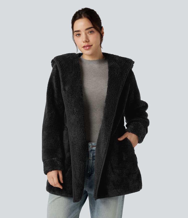 Hooded Long Sleeve Casual Teddy Coat with Pockets