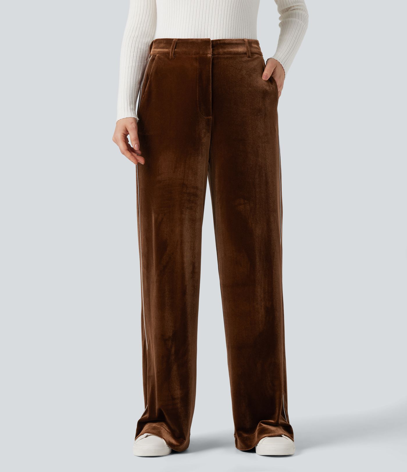 High Waisted Color Block Velvet Straight Leg Casual Trousers with Pockets