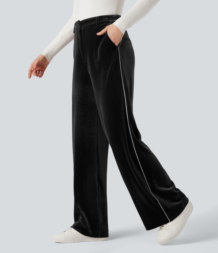 High Waisted Color Block Velvet Straight Leg Casual Pants with Pockets