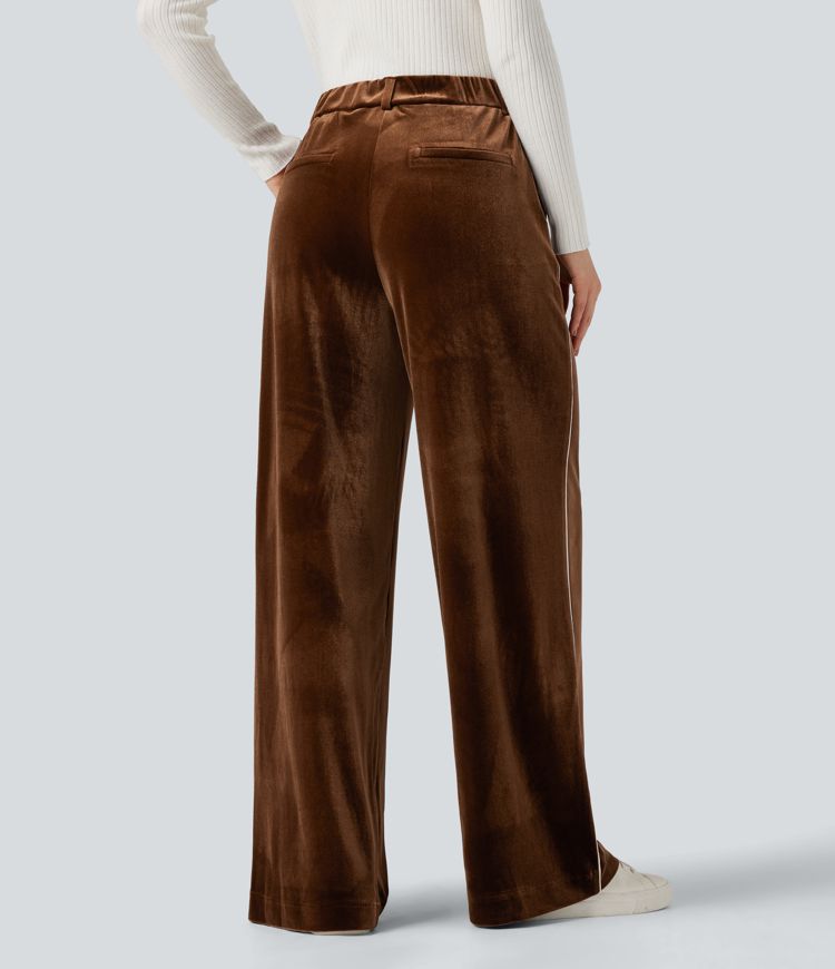 High Waisted Color Block Velvet Straight Leg Casual Pants with Pockets