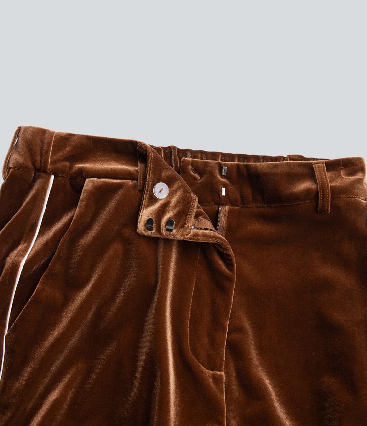 High Waisted Color Block Velvet Straight Leg Casual Pants with Pockets