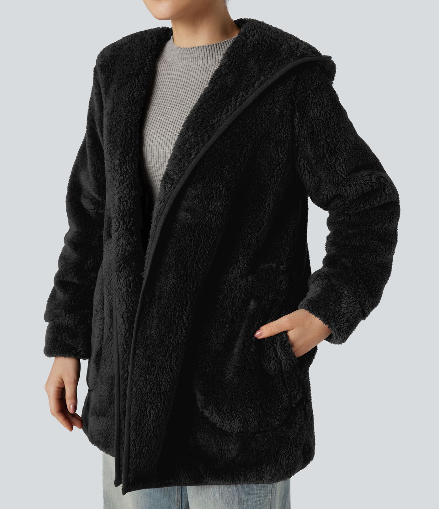 Hooded Long Sleeve Casual Teddy Coat with Pockets