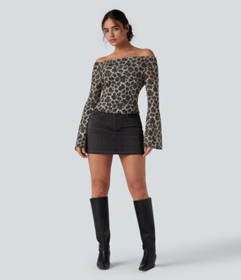 Off-shoulder Leopard Mesh Long Sleeve Casual Top