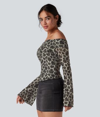Off-shoulder Leopard Mesh Long Sleeve Casual Top