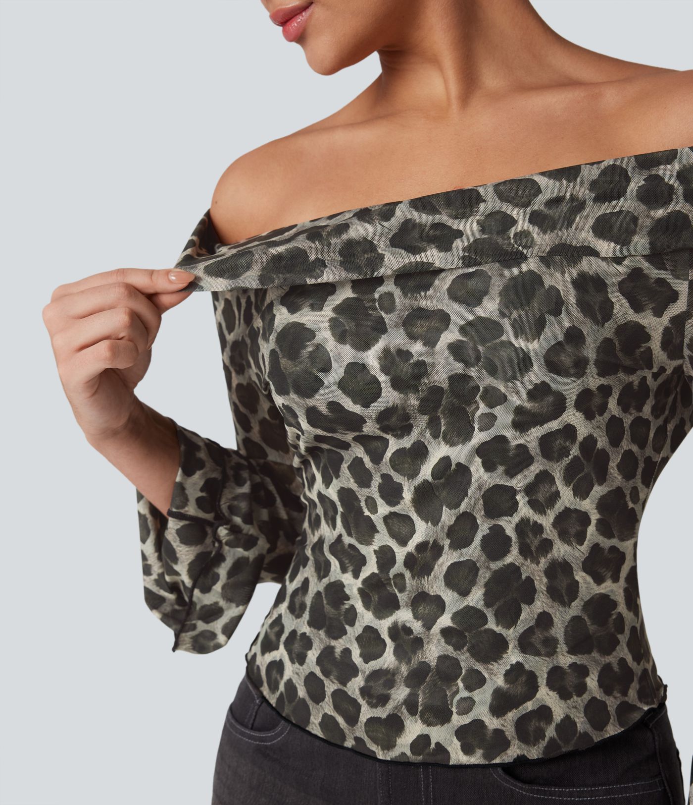 Off-shoulder Leopard Mesh Long Sleeve Casual Top