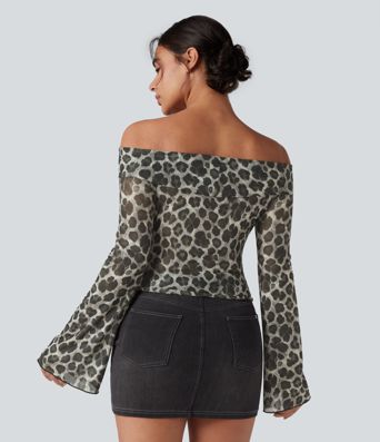 Off-shoulder Leopard Mesh Long Sleeve Casual Top